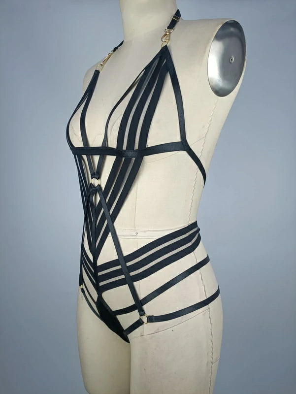 Black Bra Sets Bodysuit Halter Neck with C-string Tapes Sexy Hollow Out Design for Women - Silviana‘s Day