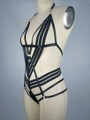 Black Bra Sets Bodysuit Halter Neck with C-string Tapes Sexy Hollow Out Design for Women - Silviana‘s Day