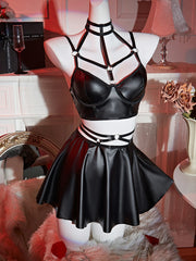 Sexy PU Strap Underwear Seductive Corset Waist Strap Design Mini Skirt Sexy Virgin Killer Uniform Nightgown Short Black Leather Dress - Silviana‘s Day