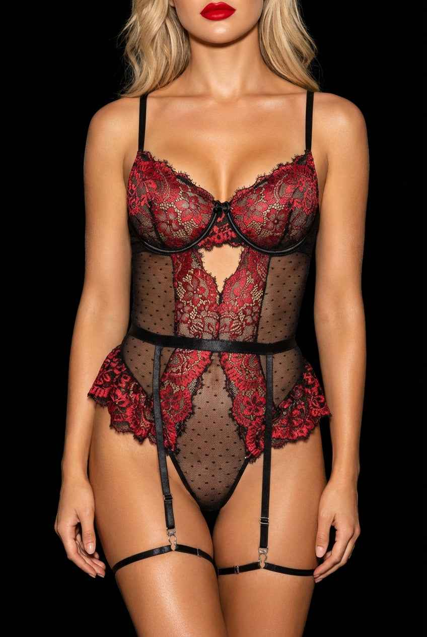 Red & Black Lace Teddy Lingerie Set with Garters
