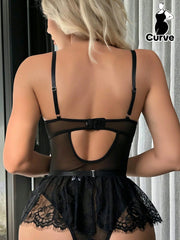 Lace See-Through Sexy Lingerie Dress Garter Hollow Out Erotic Eyelash Lace Teddy Underwear Bodysuits Set - Silviana‘s Day