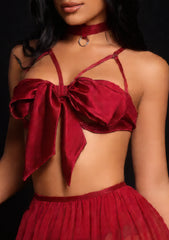 Red Bow Lingerie Set Sexy Femme Bra Thong Skirt  Bondage Underwear for Women
